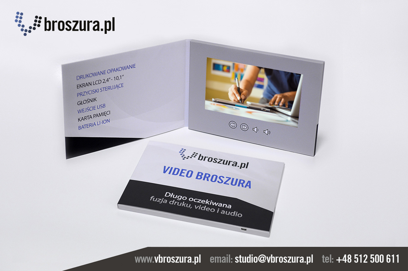 Video broszura to nowoczesny nośnik reklamy dla firm, połączenie drukowanego folderu reklamowego z ekranem HD odtwarzającym video i zdjęcia